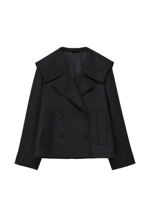 Black wool peacoat with large collar, double-breasted buttons, two front pockets, and tailored fit. Smooth texture and structured shape.