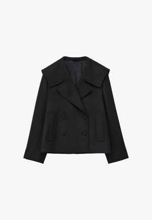 Black wool peacoat with large collar, double-breasted buttons, two front pockets, and tailored fit. Smooth texture and structured shape.