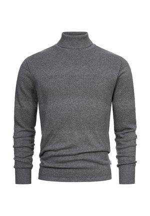 Grijze gebreide coltrui met een gestructureerd gestreept patroon, nauwsluitende mouwen en ribgebreide manchetten, met een zachte stofafwerking.