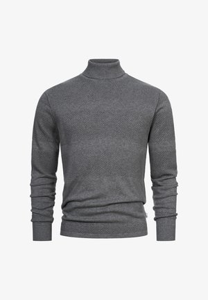 Grijze gebreide coltrui met een gestructureerd gestreept patroon, nauwsluitende mouwen en ribgebreide manchetten, met een zachte stofafwerking.