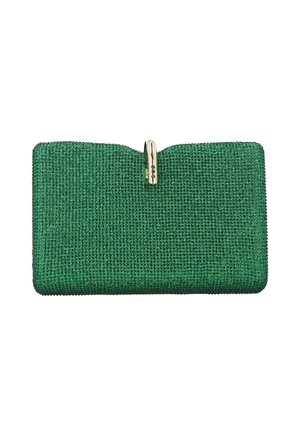 Clutch dreptunghiular verde, acoperit cu mici cristale sclipitoare, cu închidere cu clapetă de culoare aurie în partea de sus.