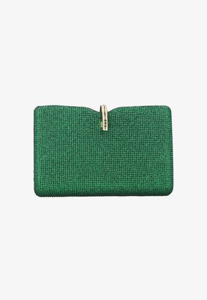 Vihreä suorakulmainen pikkulaukku, joka on päällystetty pienillä kimaltavilla kristalleilla ja jossa on kullanvärinen lukko päällä.