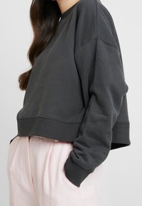 Gray cropped sweatshirt with a round neckline and long sleeves, featuring ribbed cuffs and hem. Paired with light pink high-waisted pants.