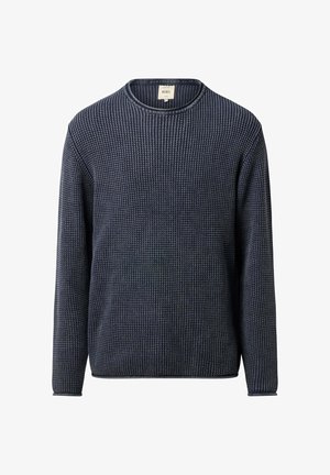 Knit sweater in navy blue, featuring a textured pattern, round neckline, and long sleeves. Fabric appears soft with a subtle ribbed finish.