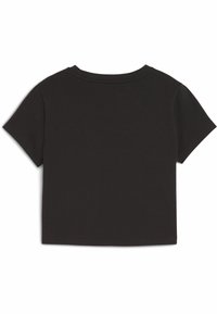 Czarny krótki t-shirt wykonany z miękkiej bawełny, z krótkimi rękawami i okrągłym dekoltem, o gładkiej teksturze i bez widocznych wzorów.