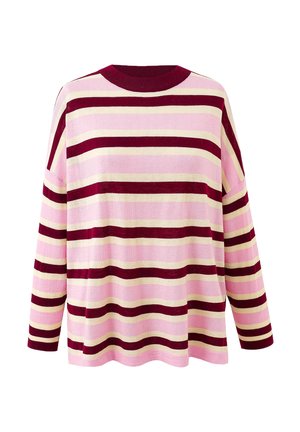 Pull à manches longues avec des rayures horizontales en bordeaux, rose pâle et crème, avec un col rond et une coupe décontractée.