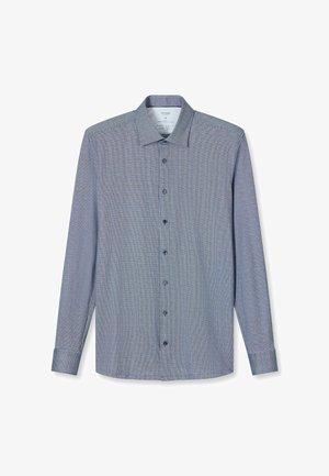 Langärmliges Hemd mit einem hellblauen Muster; aus strukturiertem Stoff gefertigt, mit Standardkragen und durchgehendem Knopfverschluss. Mit blauen Knöpfen.
