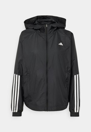Zwarte lichtgewicht jas met een capuchon, met een volledige ritssluiting aan de voorkant, elastische manchetten en witte accenten met drie strepen op de mouwen.
