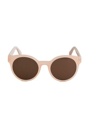 Round sunglasses with pale pink frames and dark brown lenses, designed for casual wear.