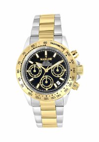 Silber- und goldfarbene Metalluhr mit schwarzem Zifferblatt, drei Unterzifferblättern, Tachymeterlünette und leuchtenden Zeigern. Markenname "MARLOW" angezeigt.