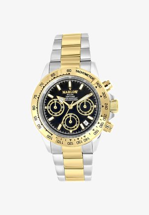Zilver-en goudkleurig metalen horloge met een zwarte wijzerplaat, drie subdialen, tachymetrische bezel en luminescente wijzers. Merkanaam "MARLOW" weergegeven.