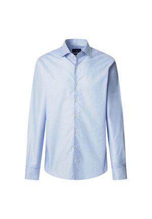 Camicia azzurra chiara a maniche lunghe con chiusura a bottoni, colletto classico e motivo a righe fini. Tessuto in cotone morbido con una texture liscia.
