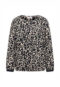 Maglietta a maniche lunghe nera con stampa leopardata beige, dotata di scollatura rotonda e leggero elastico all'orlo e ai polsini. Tessuto morbido e leggero.