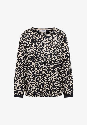 Maglietta a maniche lunghe nera con stampa leopardata beige, dotata di scollatura rotonda e leggero elastico all'orlo e ai polsini. Tessuto morbido e leggero.