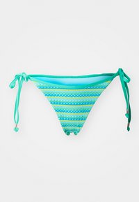 Bas de bikini turquoise avec fermetures à nouer sur les côtés, ornée de rayures horizontales dans des nuances de bleu et de vert, texture lisse et couverture minimale.