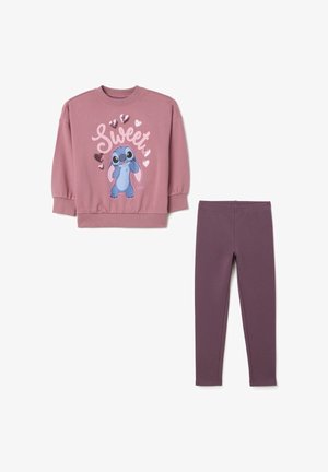 Pink sweatshirt with "Sweet" text and Stitch graphic, paired with purple leggings. Both items have a smooth texture and elastic waistband.