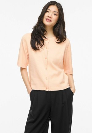 Junge Frau mit langen dunklen Haaren, die eine pfirsichfarbene, kurzärmelige, geknöpfte Strickjacke und schwarze Hose trägt, steht mit den Händen in den Taschen.