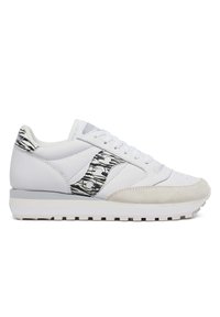 Sneaker atletiche bianche con tomaia in pelle liscia, dettagli in suede e pannello laterale a fantasia. Sole bianco spesso con battistrada testurizzato.