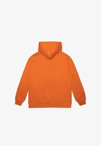 Orange hoodie with a kangaroo pocket, drawstring hood, ribbed cuffs, and hem. Smooth texture, pullover design, and solid color.