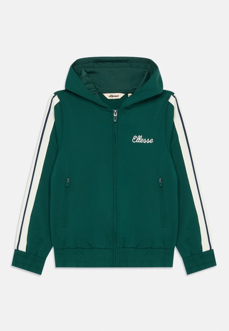 Veste à capuche zippée vert foncé avec des bandes blanches et bleu marine sur les manches et logo "Ellesse" sur la poitrine gauche.