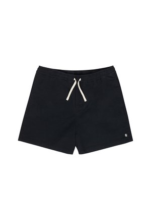 Pantaloncini casual neri con vita elastica, coulisse bianca, tasche laterali e una piccola toppa con logo sulla gamba sinistra.