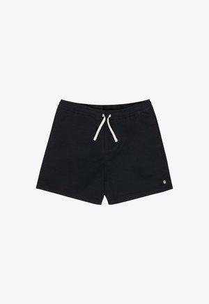 Schwarze Freizeithosen mit elastischem Bund, weißem Kordelzug, Seitentaschen und einem kleinen Logopatch am linken Bein.