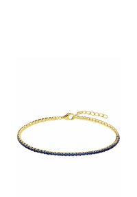 Gold-tone bracelet with blue crystal accents, featuring a flexible chain design and a lobster clasp for secure fastening.