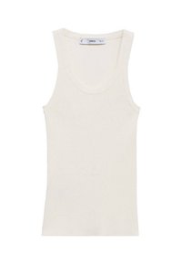 Rebrasti top v off-white barvi, s krojem v obliki črke U, brez rokavov in prilegajočim krojem. Izdelan iz lahkega blaga.