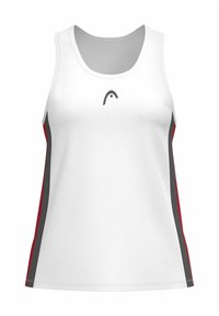 Weißes Tanktop mit einem grauen und roten Seitenstreifen. Hat einen runden Halsausschnitt und ein kleines Logo in der Mitte. Hergestellt aus leichtem Stoff.