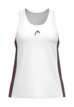 Witte tanktop met een grijze en rode zijstreep. Heeft een ronde halslijn en een klein logo in het midden. Gemaakt van lichtgewicht stof.
