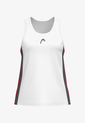 Weißes Tanktop mit einem grauen und roten Seitenstreifen. Hat einen runden Halsausschnitt und ein kleines Logo in der Mitte. Hergestellt aus leichtem Stoff.