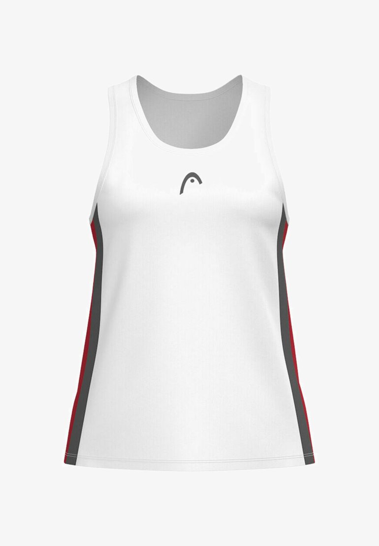 Top bianco a canotta con una striscia laterale grigia e rossa. Presenta un collo rotondo e un piccolo logo al centro. Realizzato in tessuto leggero.