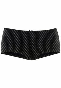 Černé boxerky s malými bílými květinovými vzory, hladkou texturou a dekorativní mašlí na pase.