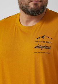 Short-sleeve, round-neck t-shirt in mustard yellow featuring a black printed logo with mountain design and text on the chest.