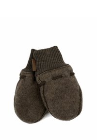 Smeđe vunene rukavice s naboranim pletivom na manžetni, s kožnim detaljima i ručno šivenim obrubima. Mekani, teksturirani završetak.