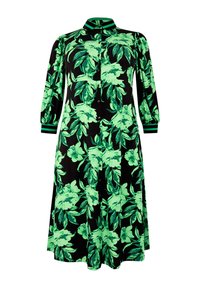 Blumenkleid mit schwarzem Hintergrund, featuring großen grünen Blättern und Blumen, Knopfleiste und Kragen mit gestreiften Bündchen.
