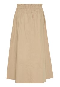 Beige knee-length skirt with an elasticated waistband and a clean, smooth texture; features a flared shape and no visible patterns.