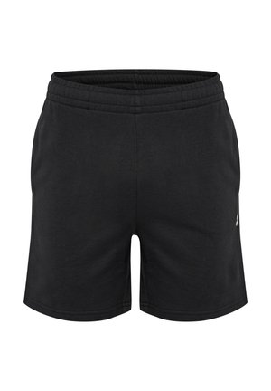 Zwarte sportshorts met een elastische tailleband, met een gladde textuur en een klein logo aan de onderzijde.