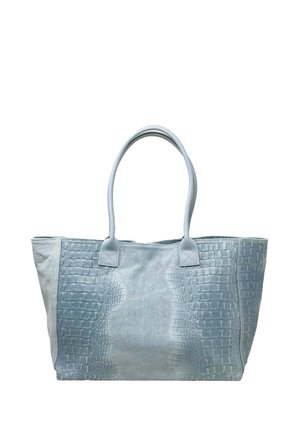 Lichtblauwe tote bag van textuurleer met gladde zijkanten en een krokodillenpatroon aan de voorkant. Twee stevige handvatten voor het dragen.