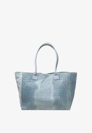 Borsa a tracolla azzurro chiaro in pelle texturizzata con lati lisci e motivo coccodrillo sul davanti. Due manici robusti per il trasporto.