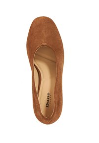 Brown suede flat shoe with a rounded toe and a cutout design. The interior features a smooth beige lining and a subtly branded insole.