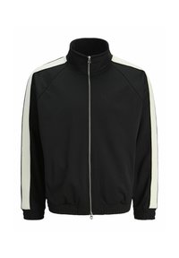 Sort zip-up jakke med højt krave, hvide sidelister, ribbede manchetter og kant. Glat materiale med afslappet pasform og uden mønstre.