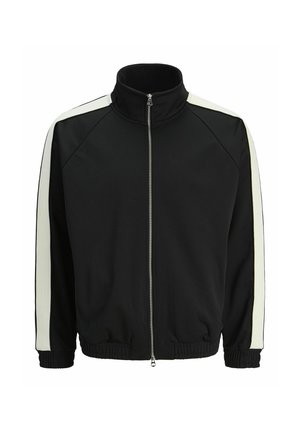 Schwarze Zip-Jacke mit hohem Kragen, weißen Seitenstreifen, gerippten Bündchen und Saum. Glattes Material mit lockerer Passform und ohne Muster.