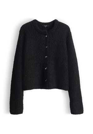 Schwarze Strickjacke mit Rundhalsausschnitt, langen Ärmeln und vorderem Knopfverschluss, der mit glänzenden schwarzen Knöpfen versehen ist. Strukturierter Stoff mit einem cropped Design.