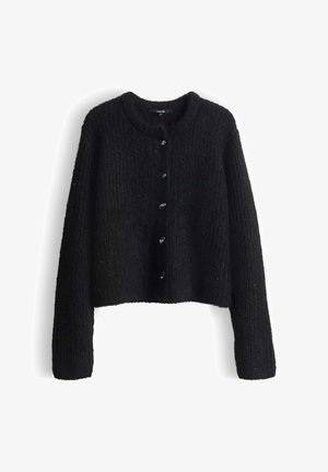 Zwarte gebreide cardigan met een ronde halslijn, lange mouwen en een sluiting met knopen aan de voorkant met glanzende zwarte knopen. Getextureerde stof met een cropped ontwerp.