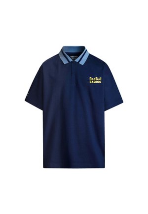 Marine polo met lichtblauwe kraagaccenten. Voorzien van het "Red Bull RACING"-logo in het geel. Gemaakt van gestructureerde stof, met korte mouwen.