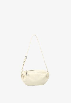 Krém színű, puha bőr válltáska, összegyűrt felső résszel és állítható csattal ellátott pánttal.