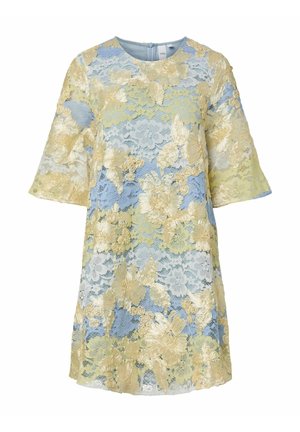 Kanten jurk met korte mouwen, blauwe en gele bloemenborduursel, ronde hals en een ritssluiting aan de achterkant.