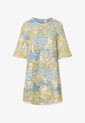 Kanten jurk met korte mouwen, blauwe en gele bloemenborduursel, ronde hals en een ritssluiting aan de achterkant.