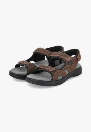 Brown leather sandals with two adjustable straps, a cushioned gray insole, and a black rubber sole featuring patterned detailing.